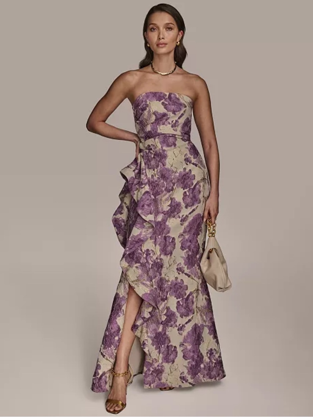 Donna Karan Floral Ruffle Strapless Jacquard Trumpet Gown